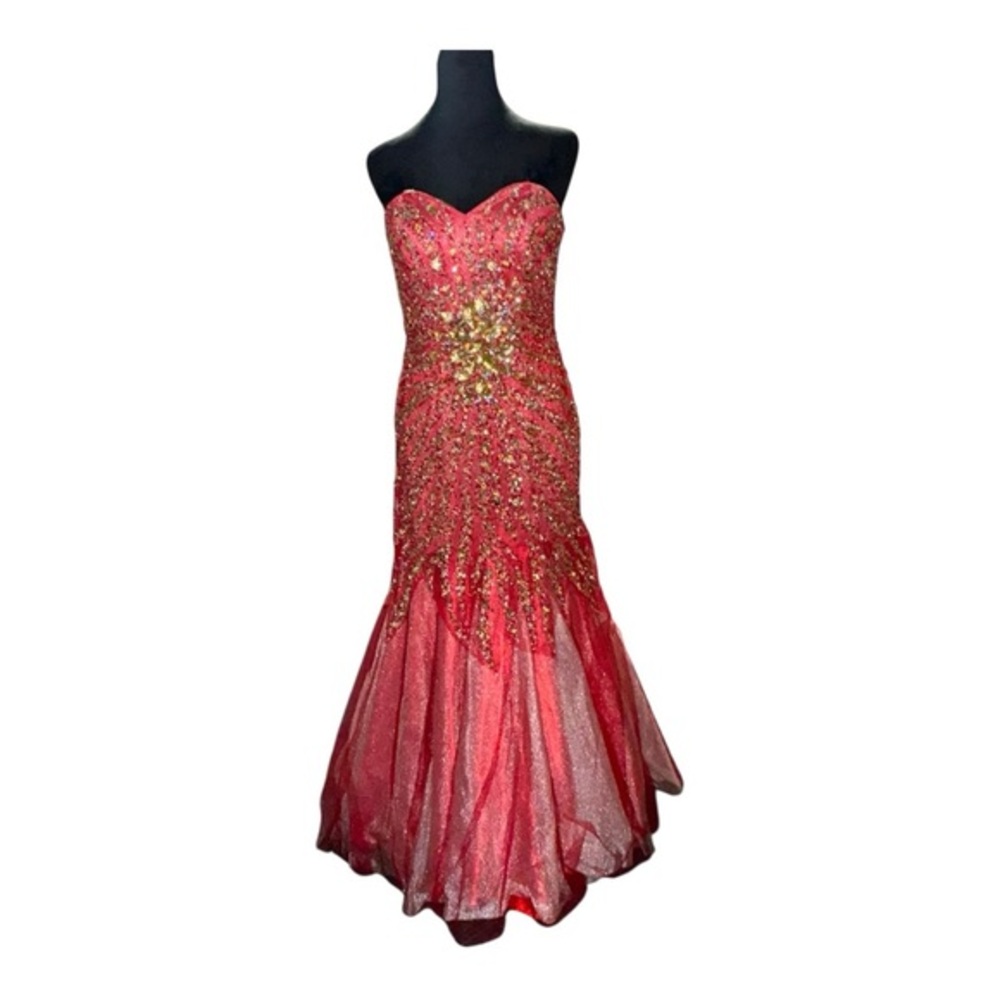 Y2K Alyce Paris mermaid Heavily beaded strapless red w/metallic colors‎ SZ 2
